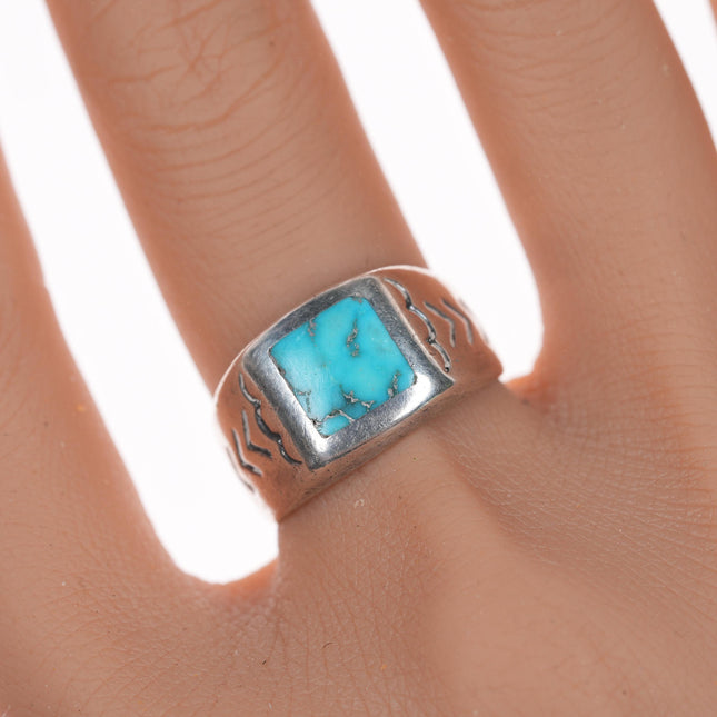 sz8 Vintage Native American silver flush inlay turquoise ring