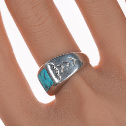 sz8 Vintage Native American silver flush inlay turquoise ring