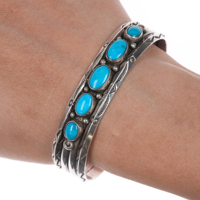 6.5" 40's-50's Navajo stamped carinated silver turquoise row cuff bracelet