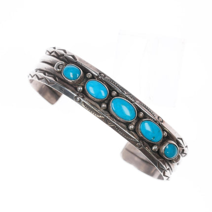 6.5" 40's-50's Navajo stamped carinated silver turquoise row cuff bracelet