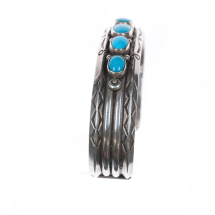 6.5" 40's-50's Navajo stamped carinated silver turquoise row cuff bracelet