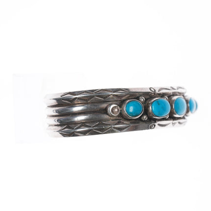 6.5" 40's-50's Navajo stamped carinated silver turquoise row cuff bracelet