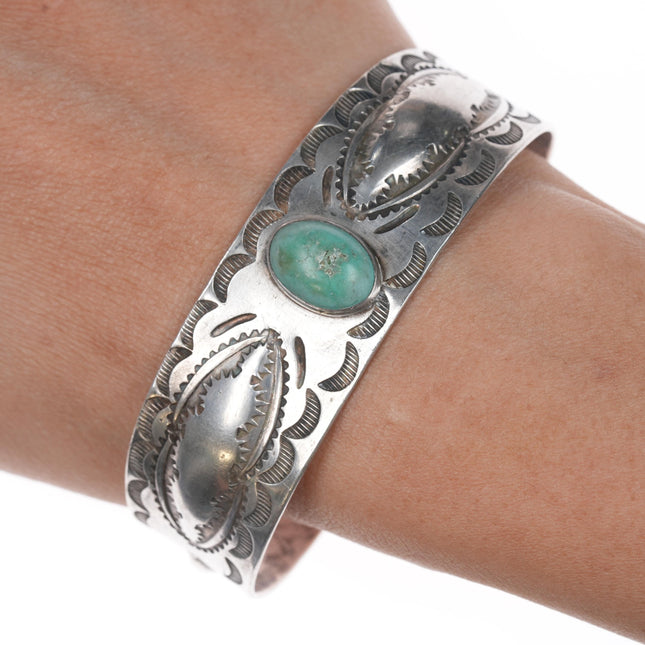 7" 1930's Navajo hand stamped silver whirling logs cuff bracelet with turquoise