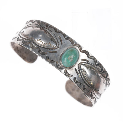 7" 1930's Navajo hand stamped silver whirling logs cuff bracelet with turquoise