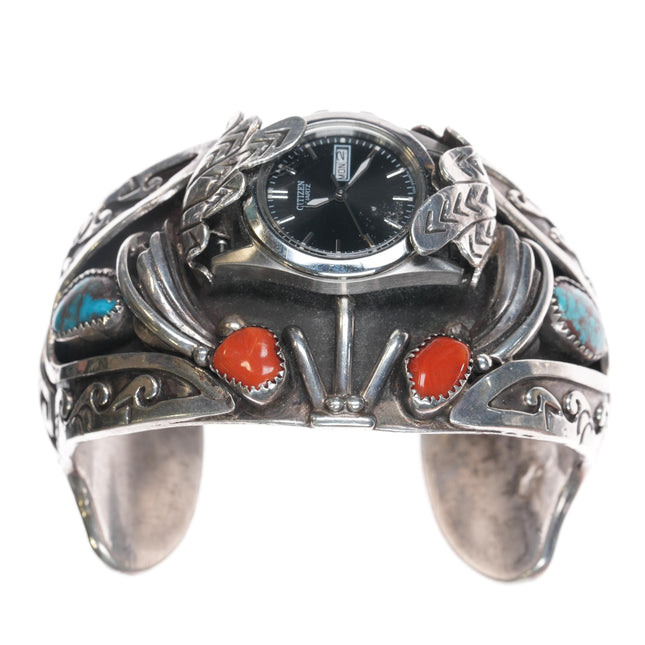 6 7/8" Bisbee turquoise and coral David K Lister Navajo sterling watch cuff braclet