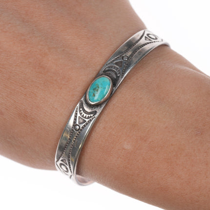 6" 40's-50's Navajo hand stamped silver cuff bracelet with turquoise