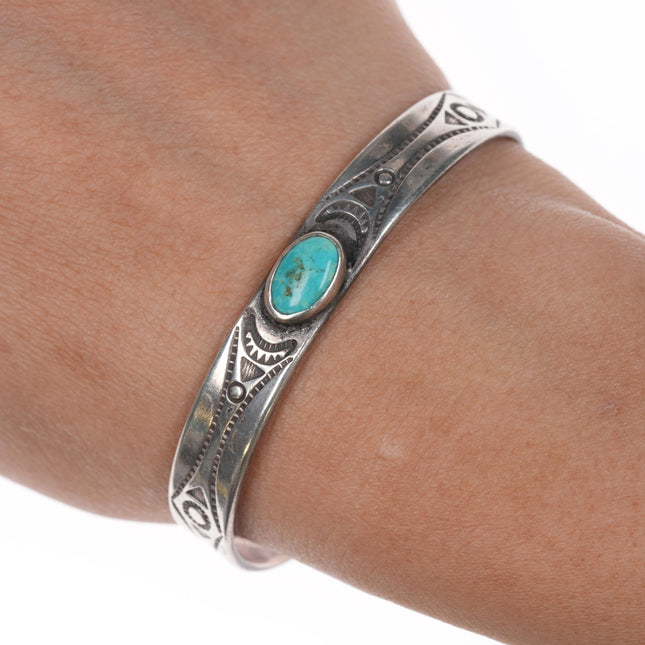 6" 40's-50's Navajo hand stamped silver cuff bracelet with turquoise