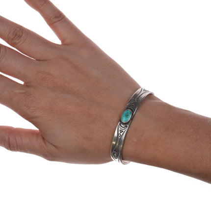 6" 40's-50's Navajo hand stamped silver cuff bracelet with turquoise