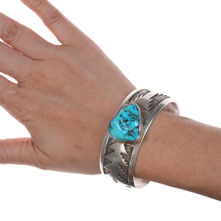 7" Able Arthur Navajo silver and turquoise cuff bracelet w/ Navajo rug pattern