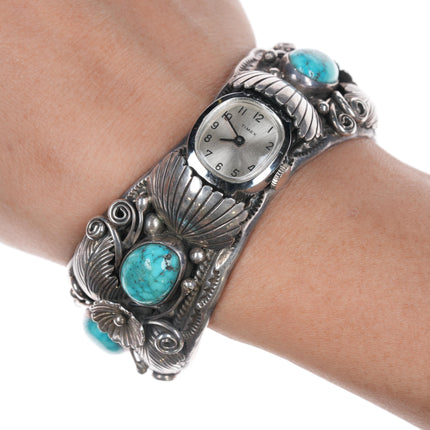 6.5" Morty Johnson Navajo sterling and nice turquoise watch cuff bracelet