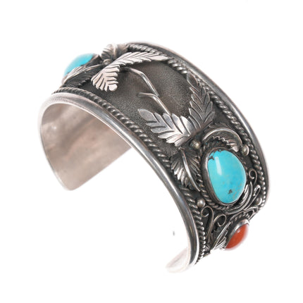 6.5" 1970's NOS Native American sterling watch cuff with coral/turquoise