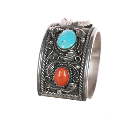 6.5" 1970's NOS Native American sterling watch cuff with coral/turquoise