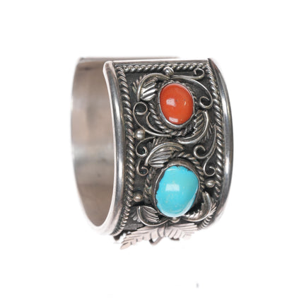 6.5" 1970's NOS Native American sterling watch cuff with coral/turquoise