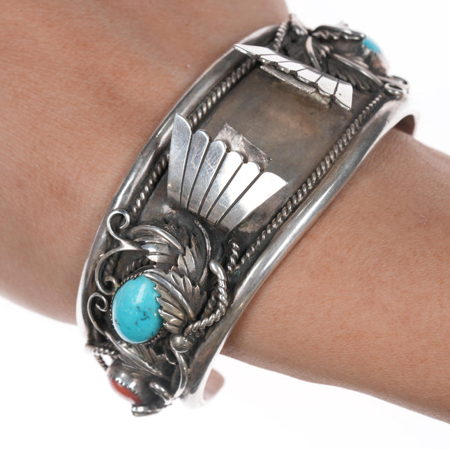 6.75" 1970's Native American silver, turquoise, and coral watch cuff bracelet