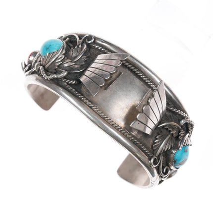 6.75" 1970's Native American silver, turquoise, and coral watch cuff bracelet