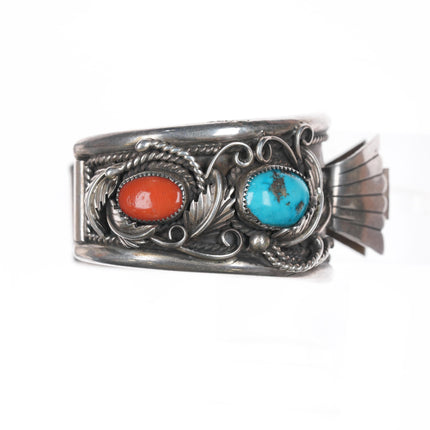 6.75" 1970's Native American silver, turquoise, and coral watch cuff bracelet