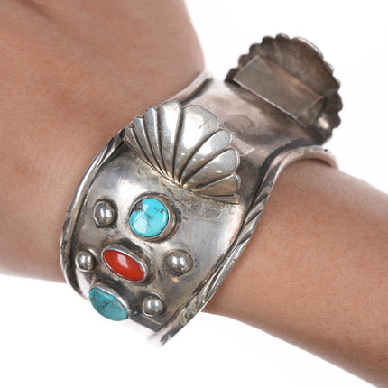 7" Vinage Native American silver, turquoise, and coral watch cuff bracelet