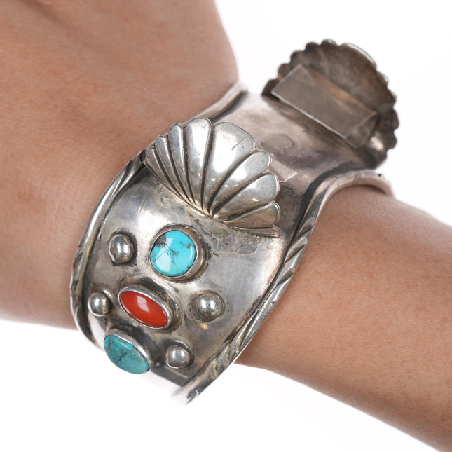 7" Vinage Native American silver, turquoise, and coral watch cuff bracelet