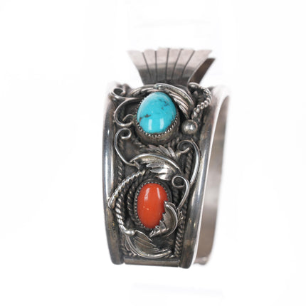 6.75" 1970's Native American silver, turquoise, and coral watch cuff bracelet