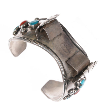 7" Vinage Native American silver, turquoise, and coral watch cuff bracelet