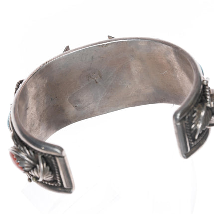 6.75" 1970's Native American silver, turquoise, and coral watch cuff bracelet