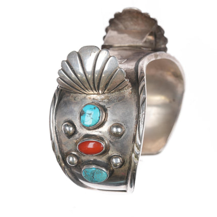 7" Vinage Native American silver, turquoise, and coral watch cuff bracelet