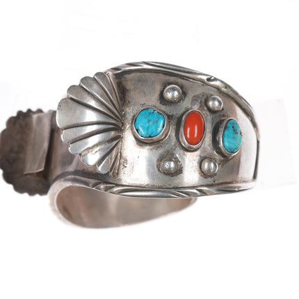 7" Vinage Native American silver, turquoise, and coral watch cuff bracelet