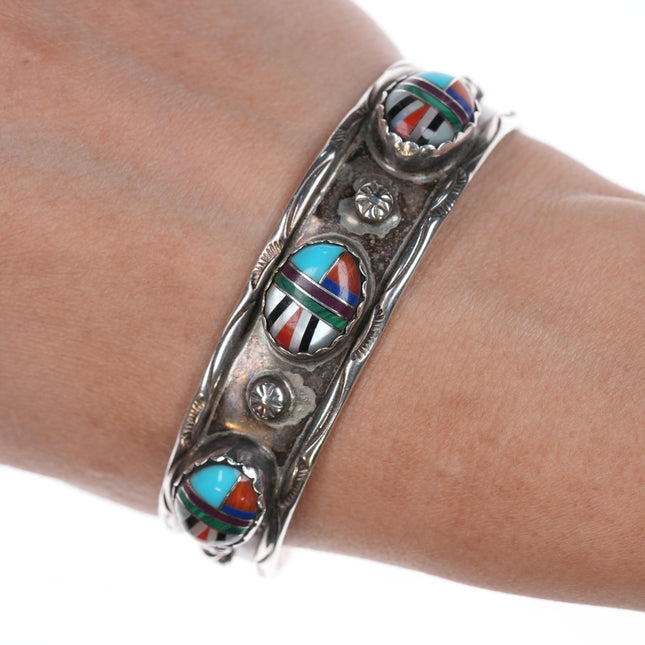 7" CB Native American sterling channel inlay cuff bracelet