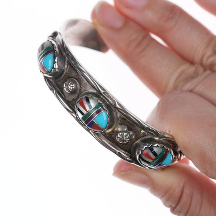 7" CB Native American sterling channel inlay cuff bracelet