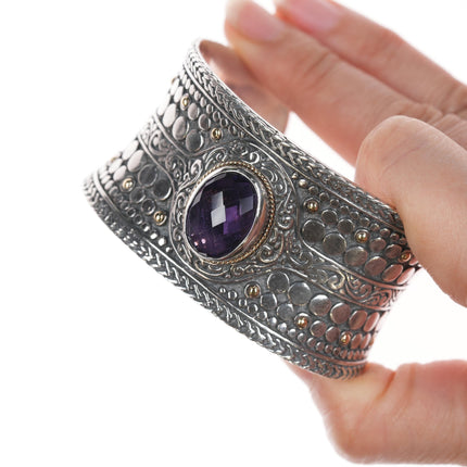 6.5" Samuel Benham 18k/Sterling and amethyst cuff bracelet