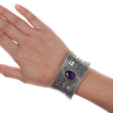 6.5" Samuel Benham 18k/Sterling and amethyst cuff bracelet