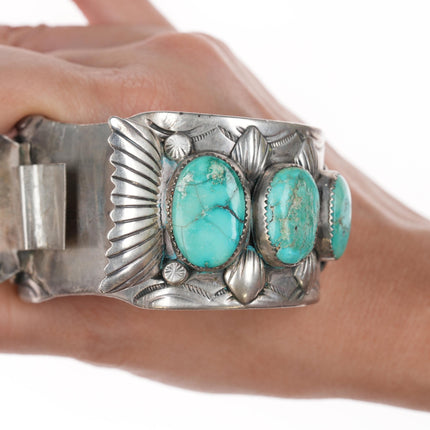 7.25" Large Benally Navajo watch cuff bracelet with turquoise