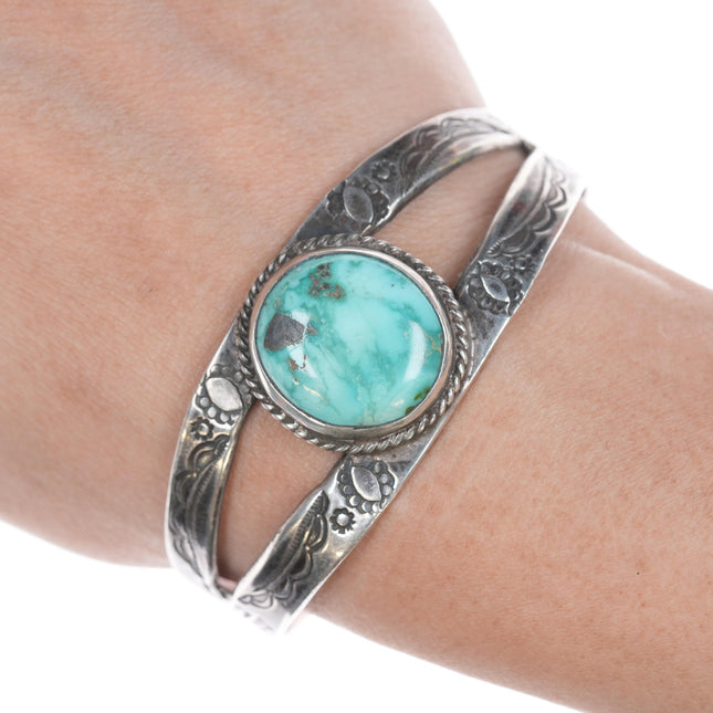 6.5" c1930's Navajo Hand stamped ingot silver cuff bracelet with turquoise