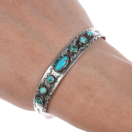 6.5" 1930's Navajo Whirling Logs stamped silver cuff bracelet with turquoise