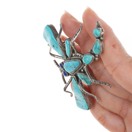 Leonard Maloney Navao Sterling and turquoise Dragonfly pin with lapis eyes