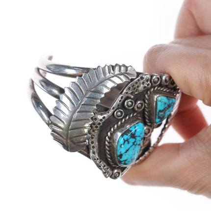 6.25" Vintage Navajo Silver cuff bracelet with two turquoise and leaves