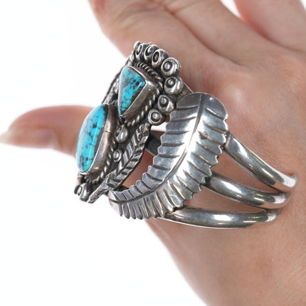 6.25" Vintage Navajo Silver cuff bracelet with two turquoise and leaves