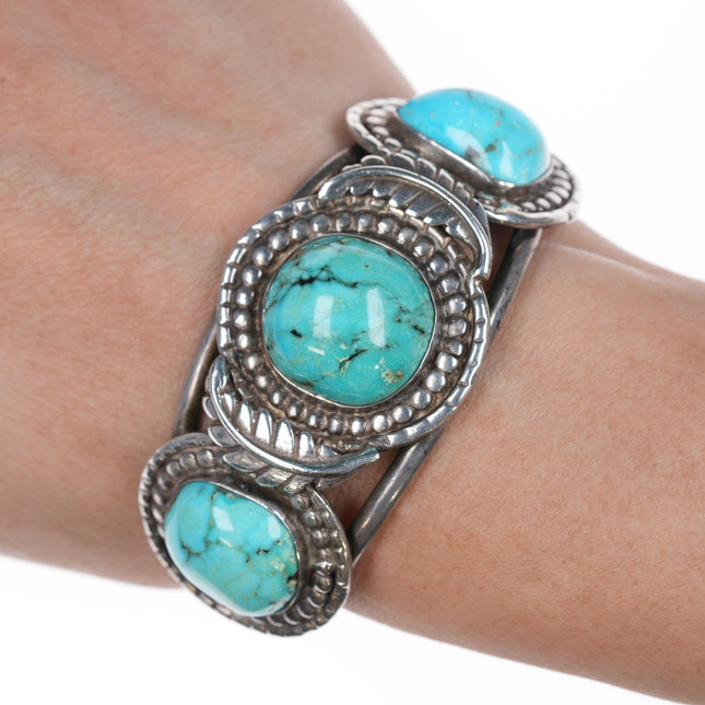 6.25" Vintage Navajo Silver cuff bracelet with three turquoise stones