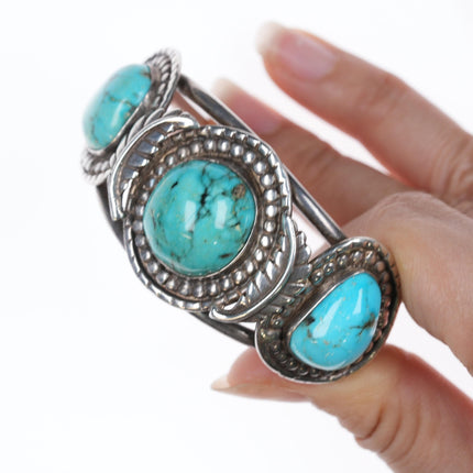 6.25" Vintage Navajo Silver cuff bracelet with three turquoise stones