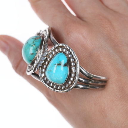 6.25" Vintage Navajo Silver cuff bracelet with three turquoise stones