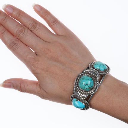 6.25" Vintage Navajo Silver cuff bracelet with three turquoise stones