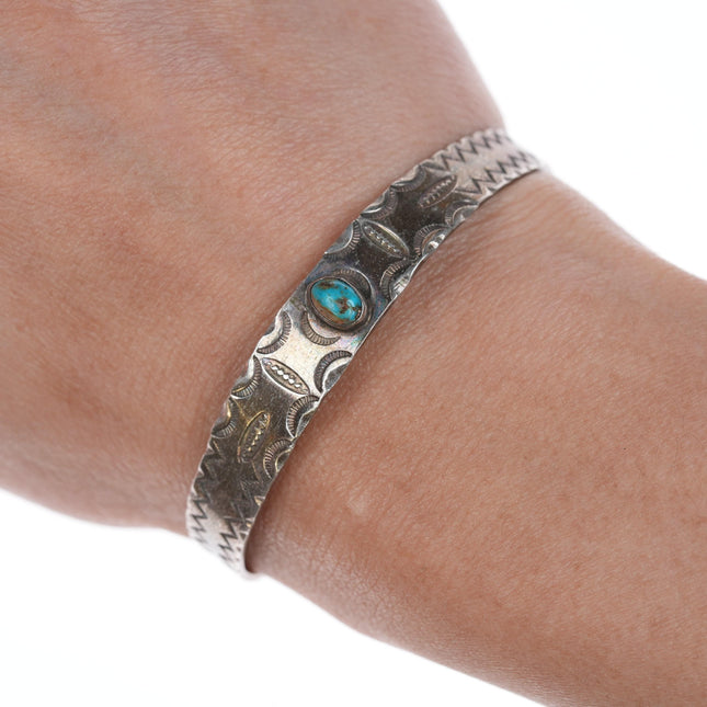 6.35" 30's-40's Stamped Silver Cuff Bracelet with turquoise