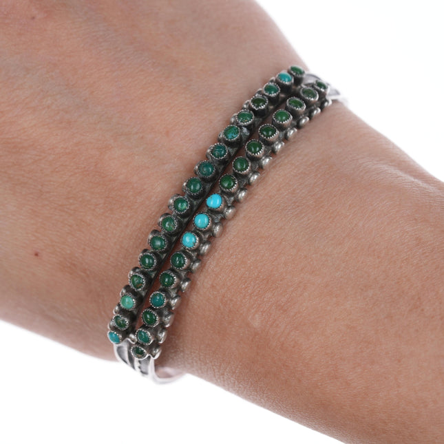 6.5" 30's-40's Zuni Stamped silver snake eye turquoise double row cuff bracelet