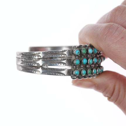 6.75" c1940's Zuni Natural turquoise snake eye stamped silver cuff bracelet