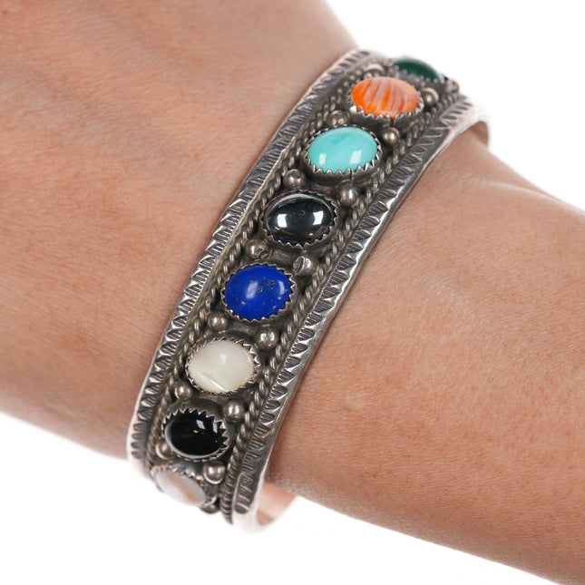 6 5/8" Richard Begay Navajo silver multi-stone cuff bracelet