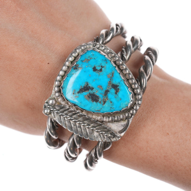 6 1/8" Heavy vintage Navajo silver and Kingman turquoise cuff bracelet