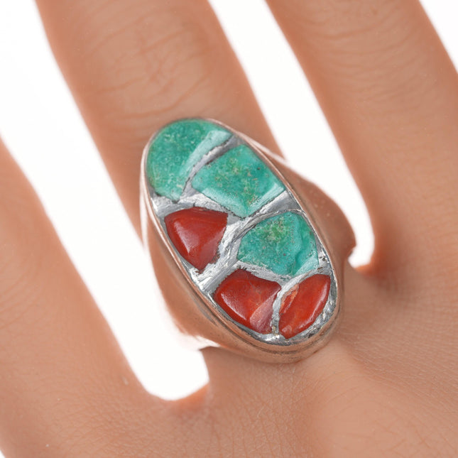 sz10 Vintage  Zuni carved turquoise and coral channel inlay cobblestone ring