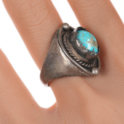 sz9 Vintage Native American silver ring with turquoise and rope edge