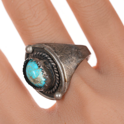 sz9 Vintage Native American silver ring with turquoise and rope edge