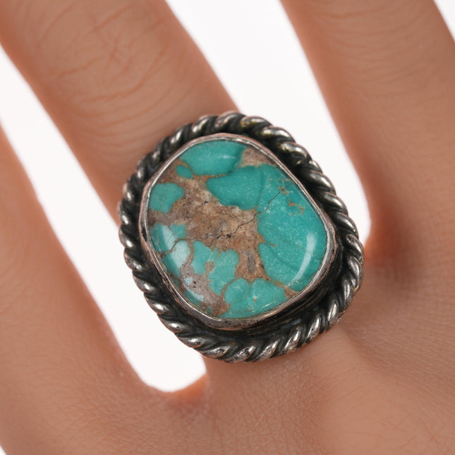 sz7 Vintage Navajo silver and turquoise ring with rope border